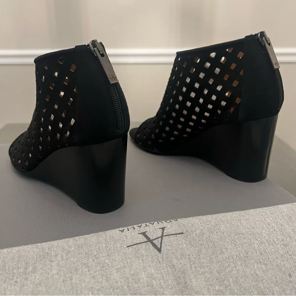 Aquatalia Nikita Open Toe Black Suede Wedge Ankle Bootie Sandal Perforated Zip 5